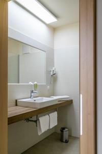 a bathroom with a sink and a mirror at Weinhof Reichmann in Sankt Peter am Ottersbach