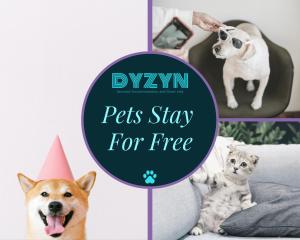 a collage of photos of dogs and cats with the words dyson pets stay at River View - 1 Bed Serviced Apartment in Cardiff City Center - Street Parking - By DYZYN in Cardiff