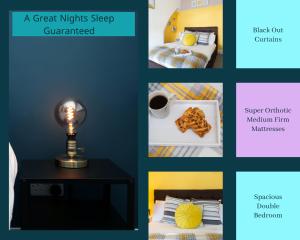 a collage of pictures of a room with a bed and a lamp at River View - 1 Bed Serviced Apartment in Cardiff City Center - Street Parking - By DYZYN in Cardiff