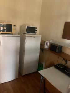 uma pequena cozinha com frigorífico e micro-ondas em Hostel SOS Moldava em Moldava nad Bodvou