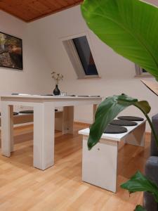 una mesa blanca en una sala de estar con una planta en Rooftrop Apartments Ulm - komfortable neue Unterkunft im Herzen von Ulm en Ulm