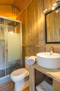 uma casa de banho com um lavatório e um WC em Camping le Lac de Thoux em Saint-Cricq