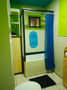 a bathroom with a shower with a blue shower curtain at Habitación Chilota in Castro