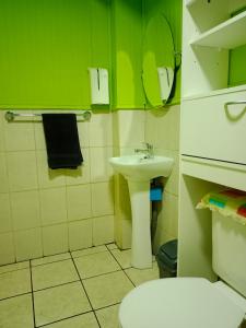 a bathroom with a sink and a toilet and a mirror at Habitación Chilota in Castro