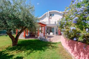une maison blanche avec un arbre dans la cour dans l'établissement Villa Rosanna, à Capoterra