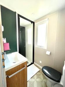 a bathroom with a toilet and a sink and a mirror at Camping le lac des rêves L'ABRIZEN in Lattes