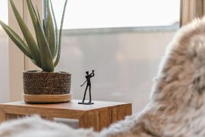 a toy figure standing on a table next to a plant at Luxus Spa Penthouse Sundowner in Göhren-Lebbin