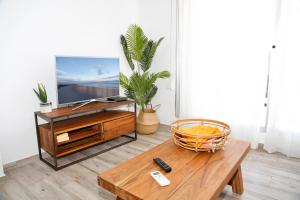 a living room with a tv and a coffee table at M&C Penthouse Santa Barbara in Alicante