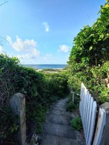 a path to the beach with the ocean in the background at Watamu Beach Cottages in Watamu