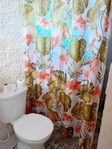 a bathroom with a toilet and a shower curtain at Hostel Canto da Praia São Sebastião - próximo ao enrocamento Caraguatatuba in São Sebastião