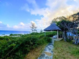 瓦塔姆的住宿－Watamu Beach Cottages，通往带凉亭和大海的海滩的路径