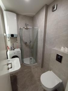 a bathroom with a shower and a toilet and a sink at Galija apartment in Belgrade