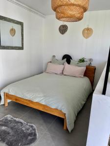 um quarto com uma cama com almofadas rosa e verde em Chez Isa, loft 55m2, jardin, vue, parking, entrée autonome em Ceyrat