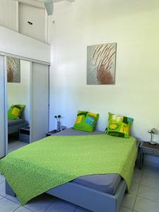 um quarto com uma cama grande e lençóis verdes em Maison d'une chambre avec wifi a Pointe a Pitre em Pointe-à-Pitre