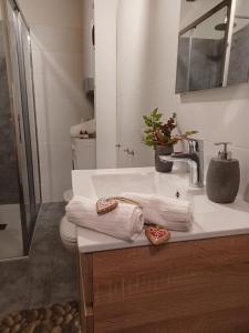 uma casa de banho com lavatório e toalhas em Appartamento gaiulin em Pinzolo