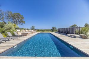 uma piscina de beiral infinito com espreguiçadeiras e água azul em Appartement Dea em Sainte-Lucie de Porto-Vecchio
