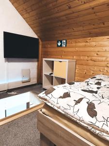 a bedroom with a bed and a flat screen tv at Apartment HM in Gozd Martuljek