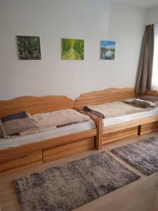 two wooden beds in a room with two rugs at Csiribá Apartman in Cserkeszőlő