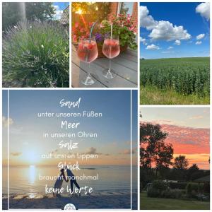 a collage of four pictures with wine glasses and the sunset at Gutshaus Bliesekow in Bliesekow