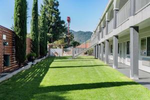 a grassy yard next to a building with trees at Super 8 by Wyndham Ukiah in Ukiah