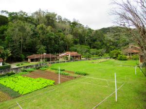 un jardín con una red en medio de un campo en Casa de campo Gerânio c churrasqueira e lazer - RJ, en Teresópolis