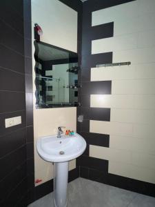 uma casa de banho com um lavatório e um espelho em Apartment on Khimshiashvili 1 em Batumi