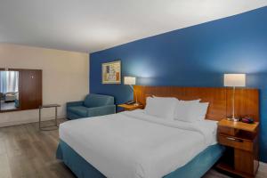 1 dormitorio con 1 cama grande y pared azul en Comfort Inn & Suites Mt Laurel-Philadelphia, en Mount Laurel