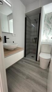 uma casa de banho com um lavatório, um WC e um chuveiro em Skyblue em Aguadulce