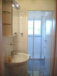 a bathroom with a sink and a door to a shower at EIC5 Ferienhaus Schlüter in Niendorf