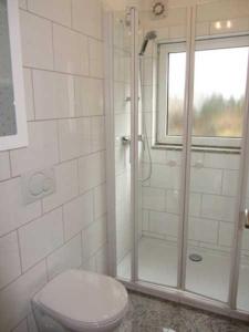 a white bathroom with a shower and a toilet at EIC5 Ferienhaus Schlüter in Niendorf