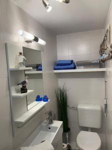 La salle de bains est pourvue de toilettes, d'un lavabo et d'un miroir. dans l'établissement STOE12c Ferienhaus Sonne, Wohnung Sonnenschein, à Niendorf