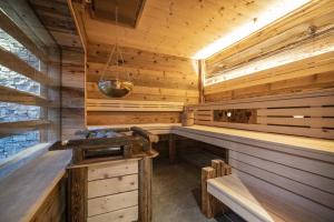 a sauna in a wooden cabin with a sink at Das Geierberg in Filzmoos