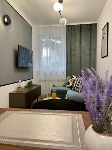 een woonkamer met een bank en een tafel bij Przestronny apartament w centrum miasta in Radom