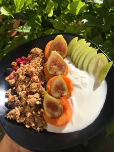 a plate of food with fruit and granola and apple slices at Centrum Panzió in Mohács