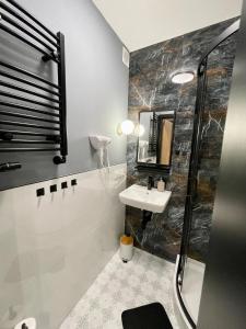 een badkamer met een douche en een wastafel bij Przestronny apartament w centrum miasta in Radom