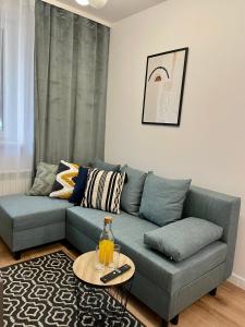 sala de estar con sofá azul y mesa en Przestronny apartament w centrum miasta, en Radom