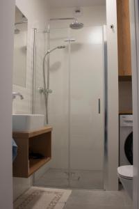 a glass shower stall in a bathroom with a sink at Apartament BURSZTYN in Darłówko