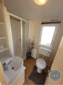 ein Badezimmer mit Waschbecken und Toilette und einem Fenster in der Unterkunft Meadow View 81 - Golden Palm, Central Heating, WiFi, pet friendly - Meadow Lakes Caravan & Lodge Hire in Chapel Saint Leonards