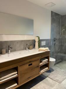 La salle de bains est pourvue d'un lavabo et d'une douche. dans l'établissement Apart Helena, à Mayrhofen
