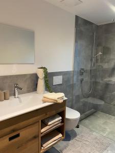 La salle de bains est pourvue d'un lavabo, d'une douche et de toilettes. dans l'établissement Apart Helena, à Mayrhofen