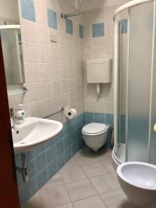 ein Bad mit einem WC, einem Waschbecken und einer Dusche in der Unterkunft BUNGALOW CAVALLINO LIDO in Cavallino-Treporti