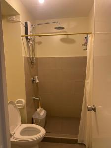 a small bathroom with a toilet and a shower at Condo Unit near Ayala Serin Mall in Tagaytay