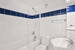 une salle de bain avec toilettes, douche et lavabo dans l'établissement Studio entre Lac et Montagnes Evian - Lugrin, à Lugrin