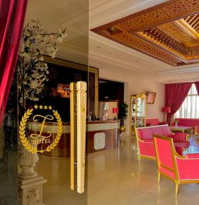 two pictures of a living room with red chairs and a clock at Z Hotel Meknes in Meknès