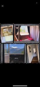 eine Collage mit drei Bildern eines Schlafzimmers mit Aussicht in der Unterkunft Chez So Orcieres in Orcières