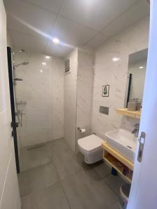 a bathroom with a shower and a toilet and a sink at Santa Suites- Near Saint Nicholas Church in Demre
