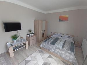 Łóżko lub łóżka w pokoju w obiekcie Karancs Apartman Salgótarján