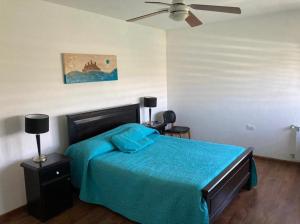 a bedroom with a blue bed and a ceiling fan at Casa con vista a las sierras de Cordoba in Malagueño