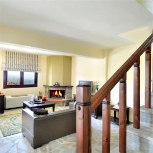 - un salon avec un canapé et une cheminée dans l'établissement Kaimak Mountain Lodge, à Panayítsa