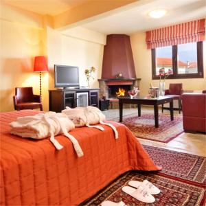 a hotel room with a bed with a fireplace at Kaimak Mountain Lodge in Panayítsa